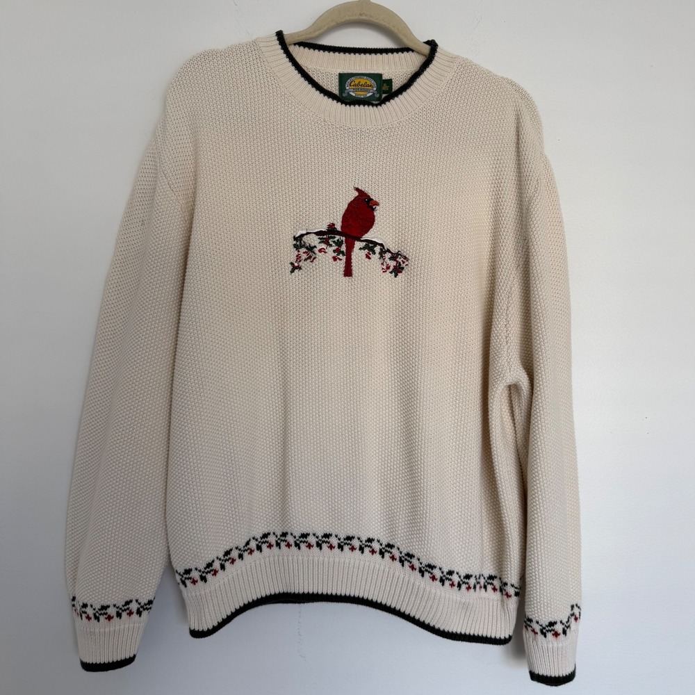 Vintage Cabela's Women's Crewneck Red Cardinal Waffle Sweater XL Y2K Grannycore